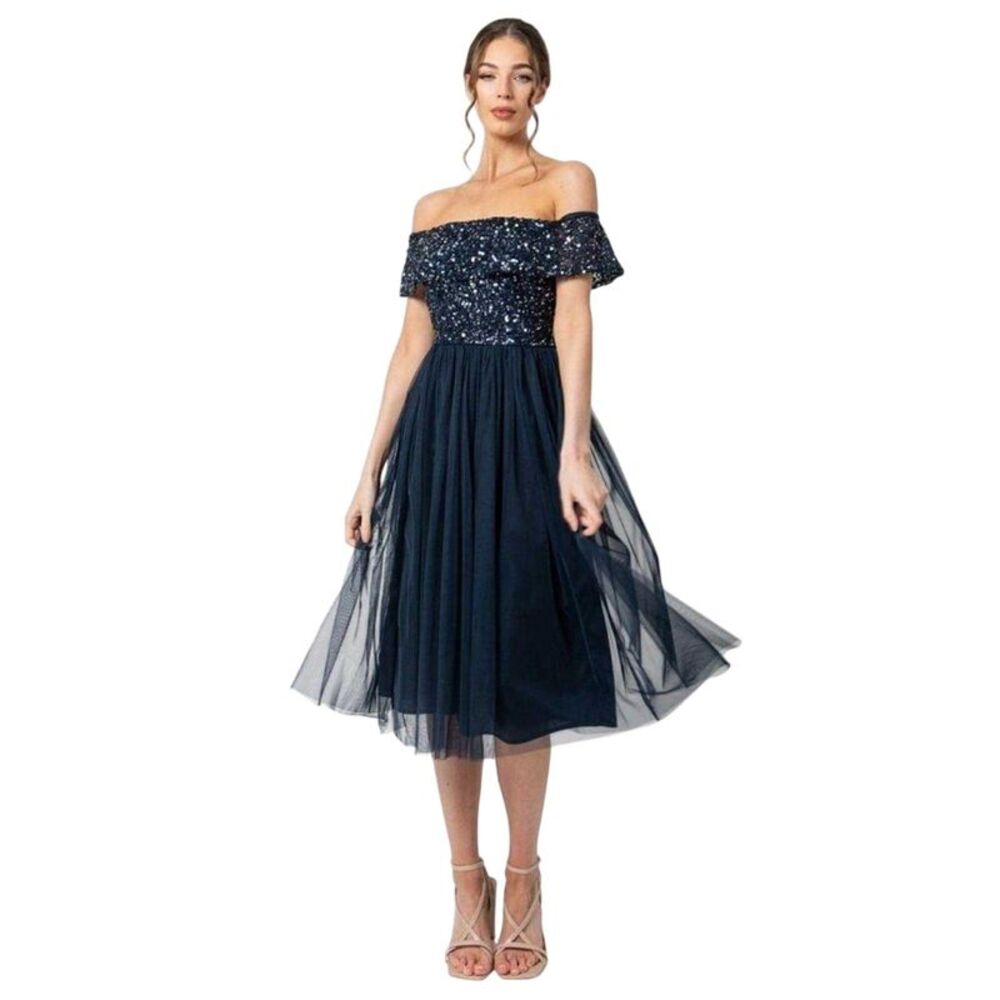 Maya Deluxe Womens/Ladies Sequin Bardot Short-Sleeved Midi Dress / Navy